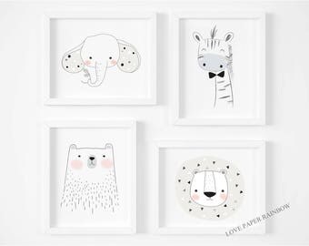 cute nursery set of prints, animal nursery prints, grey nursery decor, giraffe elephant tiger, polar bear, safari animal wall art