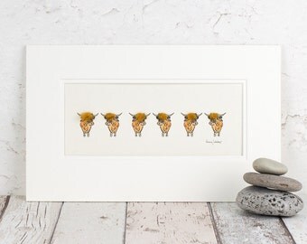 Highland Cows Print, Woolly Highland Cattle artwork, Hand finished with real wool