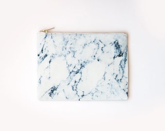 White Bleu Marble Organic Cotton Clutch, Zipper Pouch, Print Organic Fabric