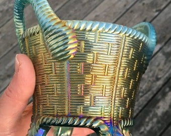 Antique Northwood Carnival Glass~Round Bushel Basket with Ribbed Handle~Scarce Aqua Opal