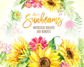 Sunbeams. Wreaths and Bouquets. Watercolor floral clipart, sunflowers, yellow, wedding, greeting card, flourish, diy, country, flower, sunny