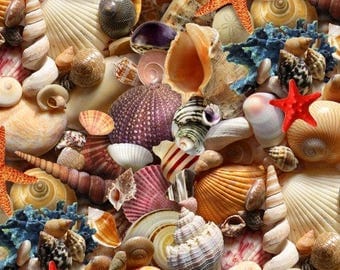 Sea Shells Toss / Seashell Fabric / Landscape Medley by Elizabeth Studio 392 / Sea Shells All Over / Yardage and Fat Quarters
