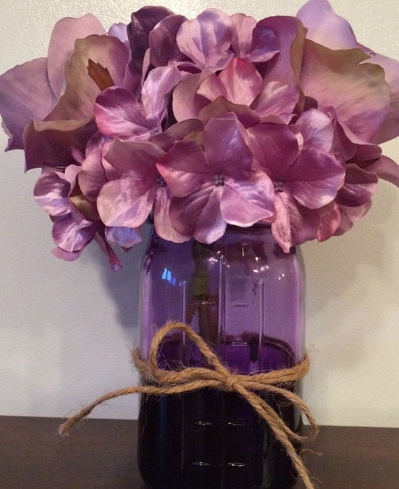 Purple Mason Jar Farmhouse Decor Hydrangea and Roses in