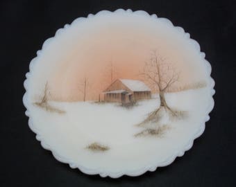 Fenton Vintage Cameo Glass Plate WIth "Sunset" Theme Signed Hand Painted Scenery