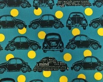 VW Beetle Car Bug Volkswagen Teal Yellow Spot Cosmo Tex Japan Cotton Oxford Canvas Japanese Fabric