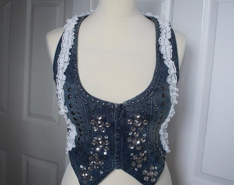 Altered Distressed Denim Waistcoat With Faux Diamonds And Studded Details And Lace Ruffle Size Uk 8 US 4, Diesel Punk Steampunk, Alternative