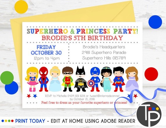 SUPERHERO PRINCESS PARTY Invitation Instant Download