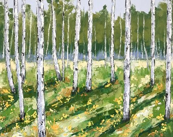 Birch Tree Painting, Landscape Palette knife Oil, Impasto Aspen, Abstract Forest Painting, Contemporary art, Modern wall art Home Decor