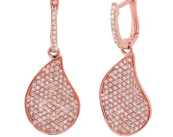 Unique 14K Rose Gold Diamond Pave Tear Water Drop Wavy Dangle Leverback Earring