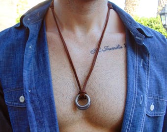 Mens Leather Necklace,Mens Ring Necklace,Surfer Necklace,Mens Karma Necklace,Necklace for him,Mens Leather Necklace,Brown Leather Cord