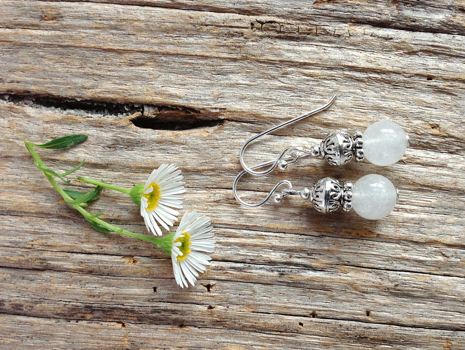 White Jade & Tibetan Bead Earrings Bridesmaid Gift Birthday