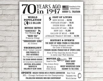 70th Birthday Chalkboard, 1947 Birthday Gift, Printable DIGITAL FILE Only, JPG, Chalkboard Poster, 70th Birthday Gift, 70th Birthday Poster