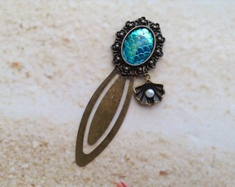 Nautical Bronze Resin Mermaid Scale Cabochon Pearl Shell Charm Setting Bookmark Clip