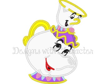 Teapot and cup applique machine embroidery design- 3 sizes 4x4", 5x7", 6x10"