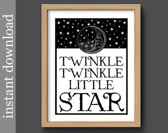 Twinkle Little Star, nursery printable, baby decor, nursery wall art, black white nursery, children art, moon and stars, baby download