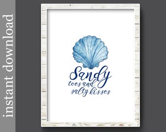 Beach Printable, Sandy Toes, Salty Kisses, beach decor, lake house, cabin decor, sea shell art, beach wall art, nautical art, beach wedding