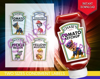 Paw Patrol - Chase, Marshall, Rocky, and Rubble, Heinz Condiment Bottle Labels Party Decoration - Instant Download