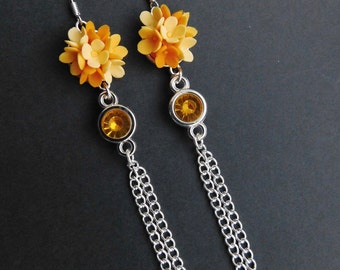 Wedding earrings Long flower earrings Orange jewelry Birthday gift Girlfriend gift Woodland earrings Floral jewelry Nature gift for her
