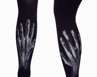 Hand Print Tights, Hand Print Leggings, Painted Leggings, Black Leggings, Women's Tights, Painted Tights