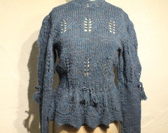 Vintage Marled Blue Hand-Made Peplum Sweater