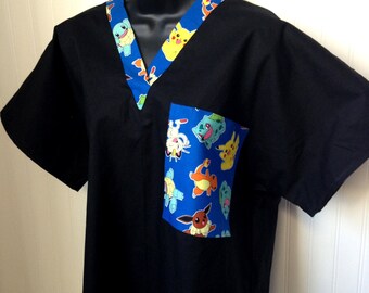 Black Solid Scrubs with Nintendo Pokemon Game Pockets VNeck* RN CNA Medical Nursing Scrub Relaxed Fit Men Women Choice of Pockets Healthcare