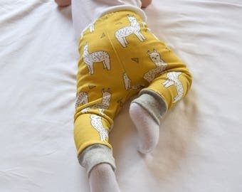 Baby Leggings Llama Alpaca, Mustard Llama Toddler Pants, Organic Infant Leggings Alpaca, Modern Baby Clothes