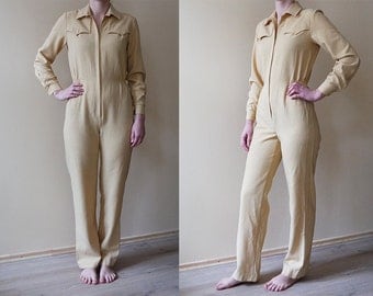 Vintage Yellow Overalls Bright Yellow Jumpsuit Womens Onesie Long Jumpsuit One piece Yellow Onesie