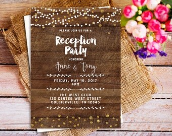 Rustic Reception Party Invitation String Light Wood Printable Rustic Reception Party Invitation String Light Wood Printable