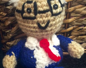 Crocheted Bernie Sanders amigurumi doll