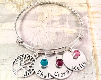 Mother's bracelet, Name charms bracelet , Family Tree Bracelet, adjustable bangle bracelet braided, personalized Jewelry, push present