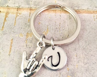 I Love You Sign Charm Keychain, ASL Sign Keychain, Hand Personalized Keychain, Initial Keychain, Initial Charm, Hand signal charm, Rock Rol
