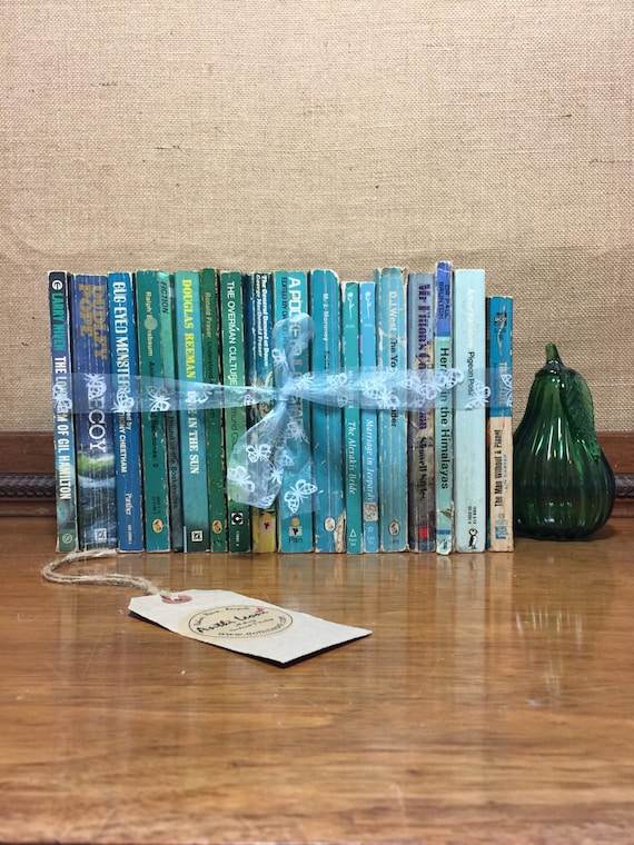 Foot Long Paperback Book Collection - Instant Book Stack - Interior Design Shelf Staging - TEAL BLUE GREEN Home Decor - Vintage Books