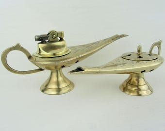 Vintage Lot Brass Ornate Aladdin Oil Lamp Table Lighter and Genie Lamp Incense Burner Set~Retro Incense Burner Hippy