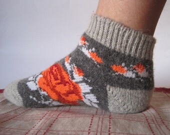 EU-37-39/ US- 7-9 Nordic Beautiful knitted Angora wool socks for women. Pattern Rose flower. Soft, warm and very comfortable