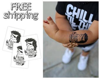 Set of 3 tatts "Pirate Hedgehig". Kids temporary tattoos with nautical black and white design. Sailor "Sea and Salt forever". TT100