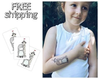 Set of 3 tatts "Rapunzel". Fairy tale longhair girl in tower kids temporary tattoos. Party bag supply. TT123