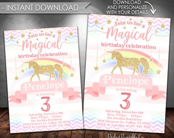Unicorn Invitation, Unicorn Birthday Invitation, Unicorn Invite, Pastel Rainbow, Pink and Gold, Magical, Instant Download, Editable PDF #512