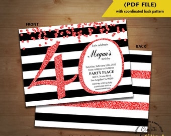40th birthday Invitation black & white stripe red glitter invite YOU EDIT TEXT self editable printable customizable invitation 5554