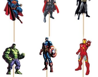 Superhero Avenger cupcakes topper 12pcs, double sided picture- Avenger-Hulk-superman-captain america-Batman. Same day shipping