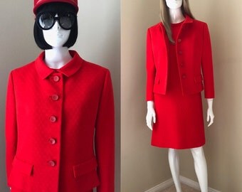 60's MOD Designer Dress Suit, Jackie O Princess Dress and Jacket, Bardley MOD Dress Suit, Classic Chic Red Wool 2-Piece Suit, Size M