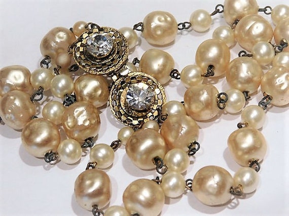 1960s Vintage French Costume Jewelry Designer FREIRICH Necklace Mid Century Choker Double Stand Faux Baroque Pearl Fancy Crystal Rhinestone