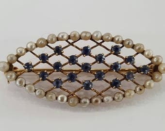 14K Vintage sapphire and pearl brooch