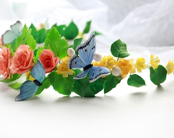 Butterfly Crown, Flower crown boho, Floral headband, Wedding halo, Butterfly headband, Hair wreath, butterfly hair wreath