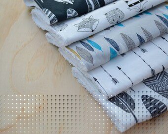 Baby Burp Cloths, Wipe Cloth, Tribal Animals with Arrows & Feathers, Blue Mix, Feeding, Cotton Toweling Back, Monochrome, Unisex, Set of 5