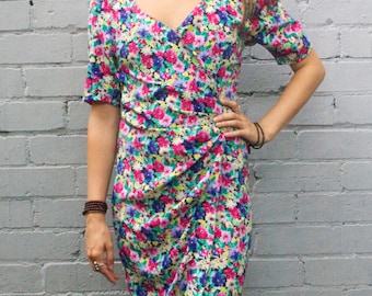 Vintage 1980's 1990's vibrant floral multicolour rainbow wrap dress size 8