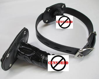 Black leather locking Penis Trainer/Advanced Gag with 2 x Sized rubber Dildos - Mouth Plug - Mature (Stage 3)