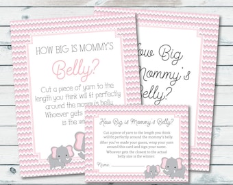How Big Is Mommy's Belly Printable Sign And Cards, Pink And Gray Elephant Baby Shower Games, Belly Game Sign, Elephant Belly Guessing Game