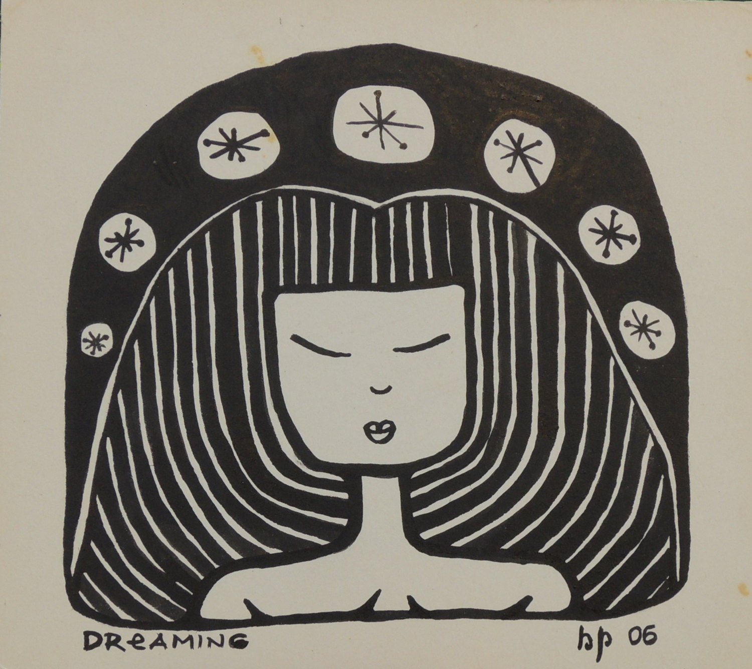 Original japanese ink illustration black and white Dreaming