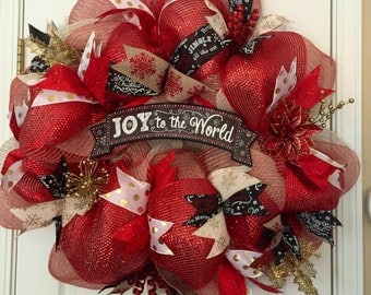 Modern Christmas Wreath, Mesh Christmas Wreath, Red and Gold Christmas Wreath, Rustic Christmas Wreath, Christmas Door Hanger