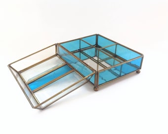 Vintage Brass and Glass Display Box - Jewelry Box - Brass, Glass and Mirrored Display Box - Glass Box - Blue Glass Box